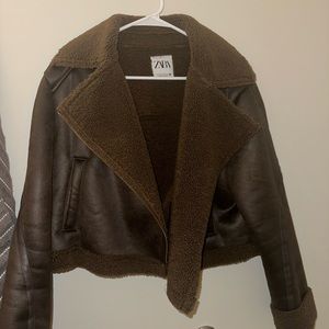 Zara Faux Shearling Cropped Biker Jacket
